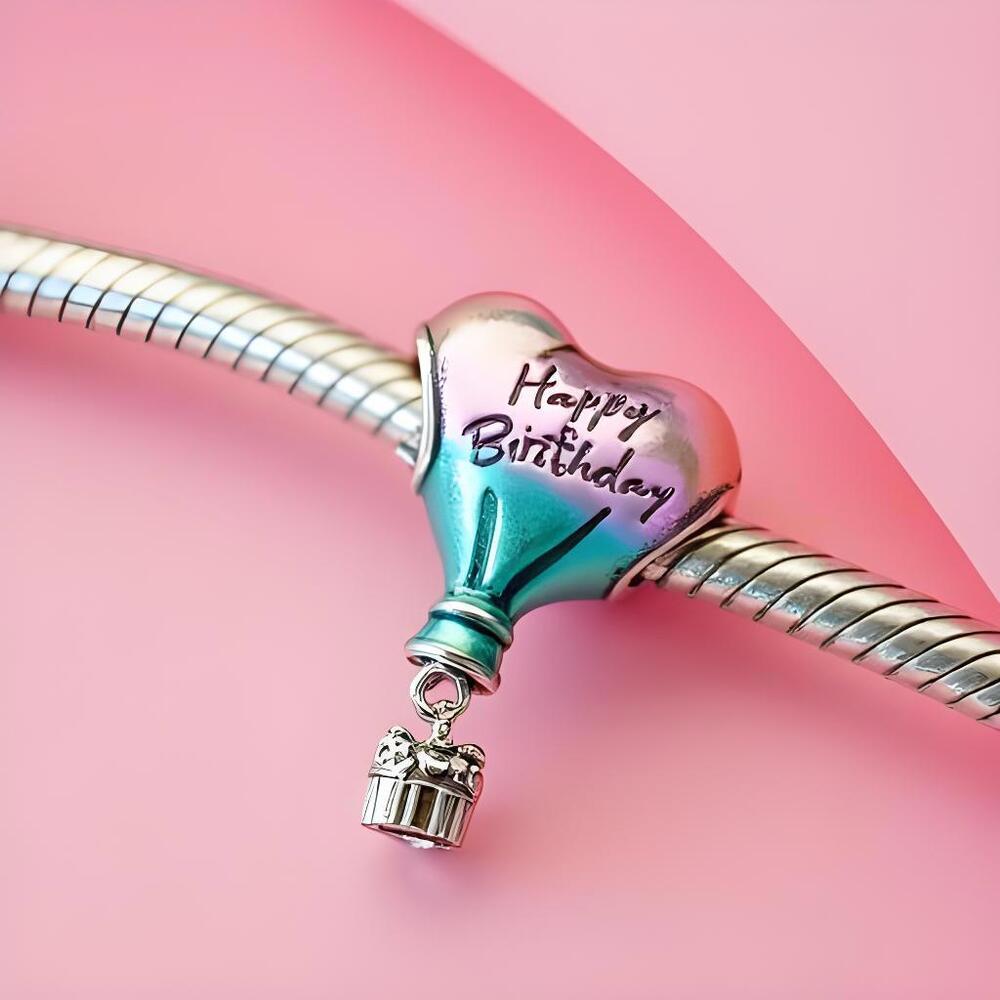 Happy Birthday Hot Air Balloon Charm 925 Sterling Silver